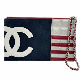 シャネル(CHANEL)のシャネル CHANEL アクセサリーポーチ キャンバス/レザー ホワイト×ネイビー×シルバー×レッド レディース 送料無料【中古】 z1066(ポーチ)