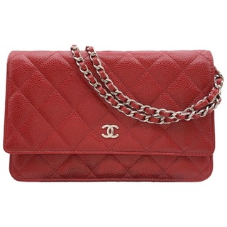 CHANEL - 　シャネル CHANEL マトラッセ チェーンウォレット A33814 レッド/シルバー金具 キャビアスキン レディース ショルダーバッグ