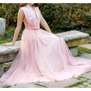 【限定】ロングドレス ピンク Lサイズ レース りぼん プリンセス ウェディング(ロングドレス)