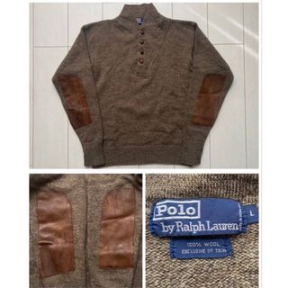 ポロラルフローレン(POLO RALPH LAUREN)の美品 80s90s POLO ラルフローレン 鹿革 エルボーパッチ ニット XL(ニット/セーター)