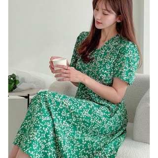 花柄 半袖 ワンピース グリーン 韓国ファッション(ひざ丈ワンピース)