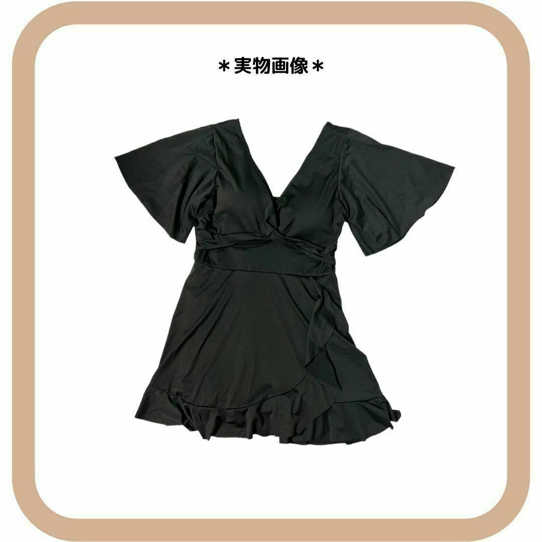 大人気 黒2XL 大きいサイズぽっちゃり ワンピース 水着 フレア袖 体型カバー レディースの水着/浴衣(水着)の商品写真