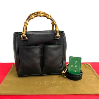 グッチ(Gucci)の極 美品 希少品 GUCCI グッチ オールドグッチ バンブー レザー 2way ミニ ショルダーバッグ ハンドバッグ トートバッグ ブラック 612-10(ショルダーバッグ)