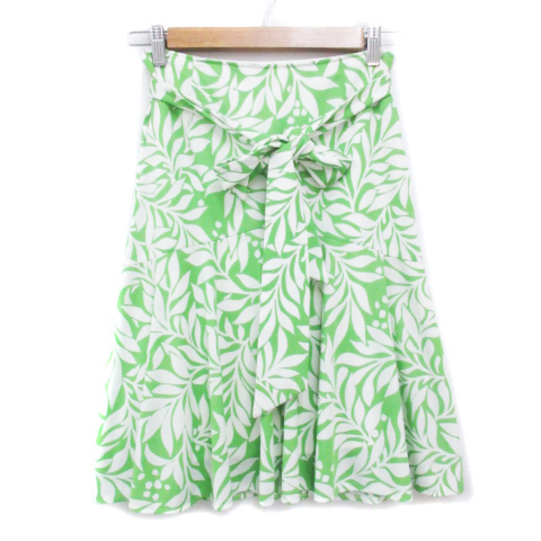 INED(イネド)のイネド フレアスカート ミモレ丈 リボン付き 総柄 9 M 白 黄緑 ホワイト レディースのスカート(ひざ丈スカート)の商品写真