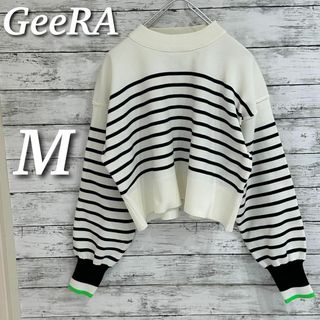 GeeRA - GeeRA さらっと素材パネルボーダーショートニット　ブラック×オフホワイト　M