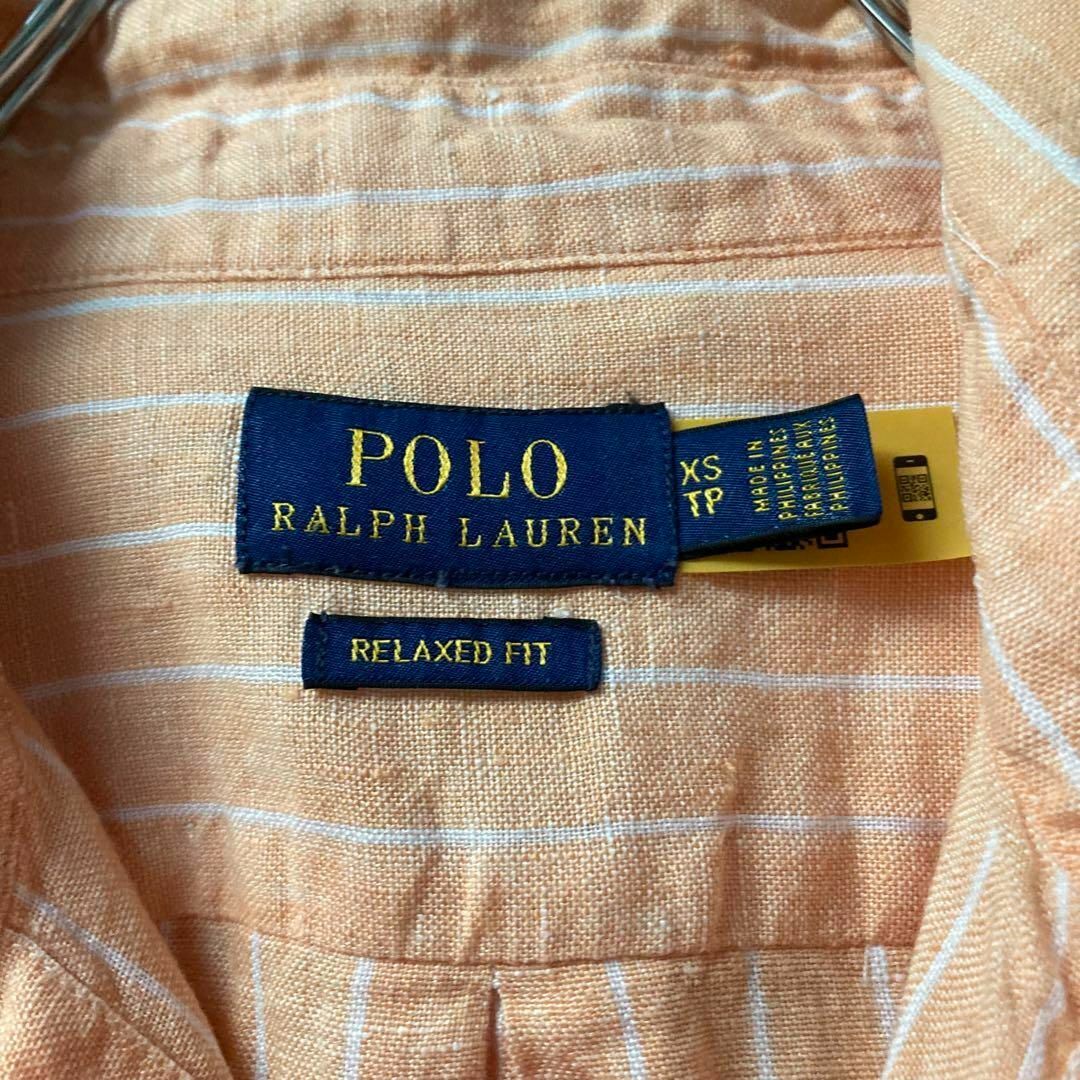 POLO RALPH LAUREN(ポロラルフローレン)のポロラルフローレン　ストライプリネン長袖シャツ　ブラウス　オレンジ白　ロゴ刺繍 レディースのトップス(シャツ/ブラウス(長袖/七分))の商品写真