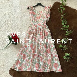 イヴサンローラン(Yves Saint Laurent)のイヴサンローラン　花柄　かわいいフリルエプロン　ロゴ入り　薄手　透け感　ピンク(その他)