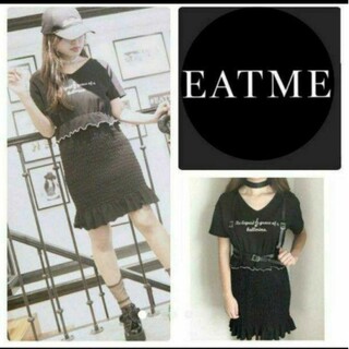 EATME - ♡EATME　半袖ブラックミニワンピースタイトシャーリング黒フリル白Vロゴ春夏