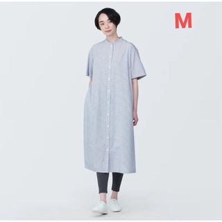 ムジルシリョウヒン(MUJI (無印良品))の無印良品  涼感　ブロードスタンドカラー半袖ワンピース  M  ブルーチェック (ロングワンピース/マキシワンピース)