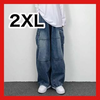 カーゴパンツ　2XL　ブルー　ワークパンツ　韓国　ワイドパンツ　ゆったり ダボ(ワークパンツ/カーゴパンツ)