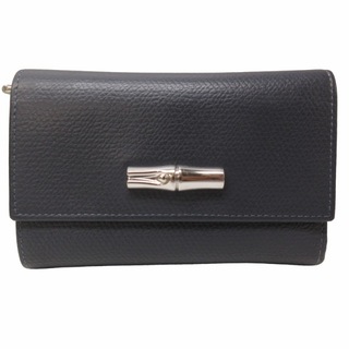 ロンシャン 美品 ロゾ 二つ折り財布 コンパクトウォレット レザー バンブー 紺