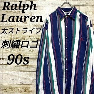 Ralph Lauren - 【w331】USA古着ラルフローレン90s太ストライプシャツ長袖トップス刺繍ロゴ