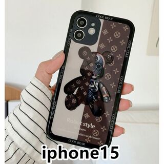 iphone15ケース 可愛い　熊　ガラス　　軽量 耐衝撃ブラウン150