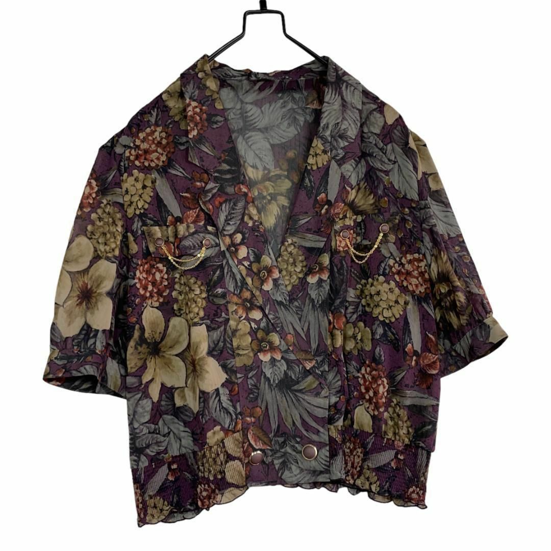 VINTAGE(ヴィンテージ)のヴィンテージ 総柄 花柄 シャツジャケットブラウスブルゾン 半袖 紫 L 日本製 レディースのトップス(シャツ/ブラウス(半袖/袖なし))の商品写真