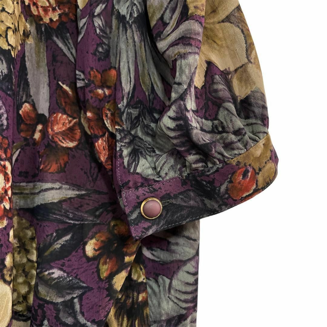 VINTAGE(ヴィンテージ)のヴィンテージ 総柄 花柄 シャツジャケットブラウスブルゾン 半袖 紫 L 日本製 レディースのトップス(シャツ/ブラウス(半袖/袖なし))の商品写真