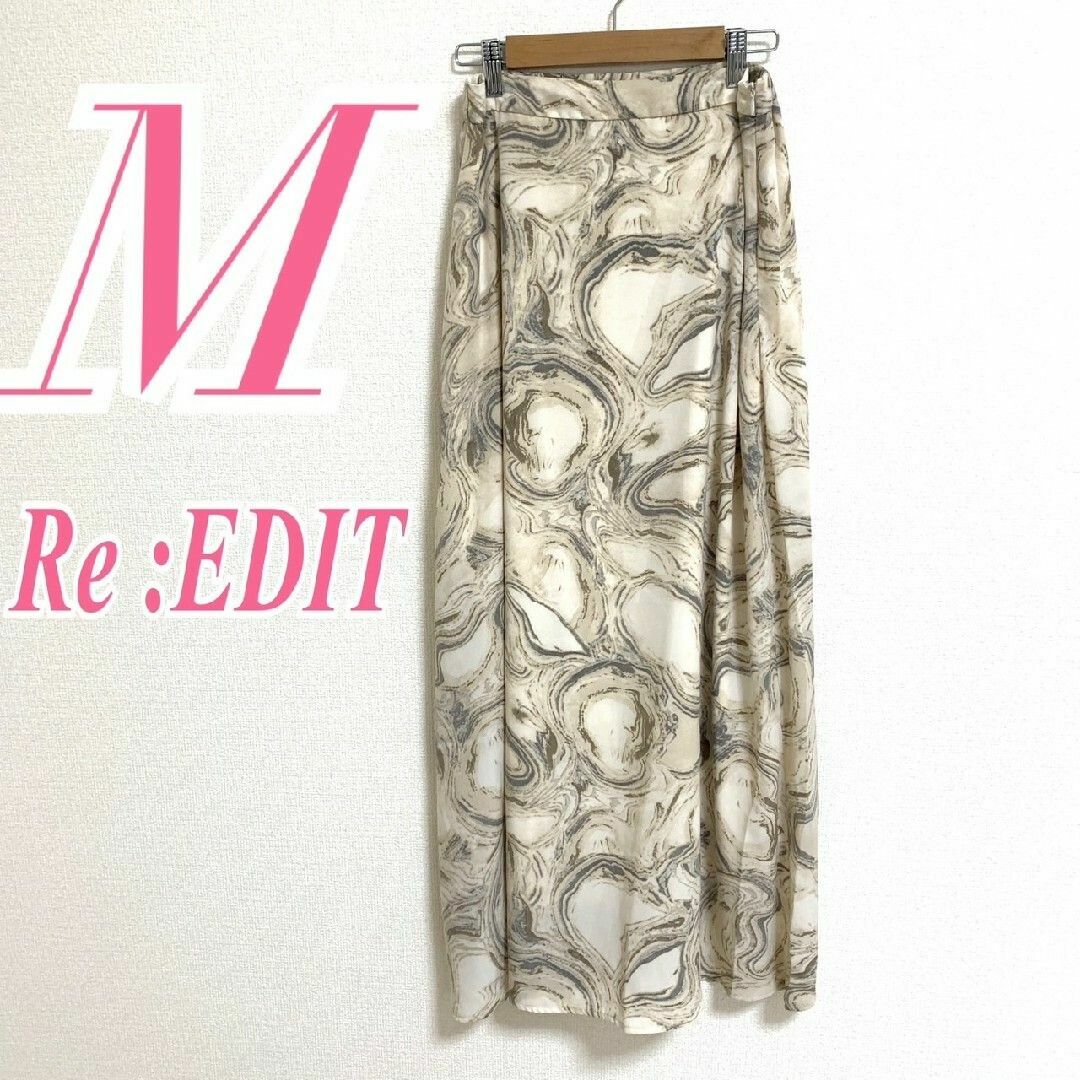 Re:EDIT(リエディ)のリエディ　フレアスカート　M　ベージュ　グレー　ブラウン　総柄　きれいめ　ポリ レディースのスカート(ロングスカート)の商品写真