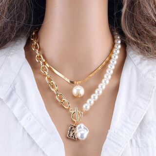 流行りのパールで纏まりすぎを回避★お得な２点セット真珠デザインパールネックレス♪(ネックレス)