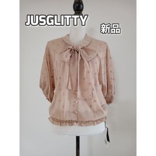 JUSGLITTY - 新品　ジャスグリッティー　ボウタイ シフォンブラウス　ドット柄　ベージュ