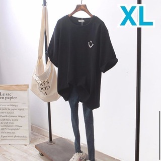 【残りわずか】スマイル プリント Tシャツ XL ブラック 半袖 メンズ 韓国(Tシャツ(半袖/袖なし))