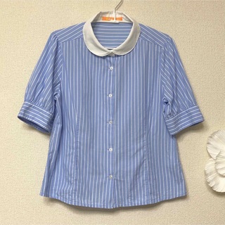 フィント(F i.n.t)のフィント　白襟　爽やかストライプ　半袖シャツ　M ブルー　美品(シャツ/ブラウス(半袖/袖なし))