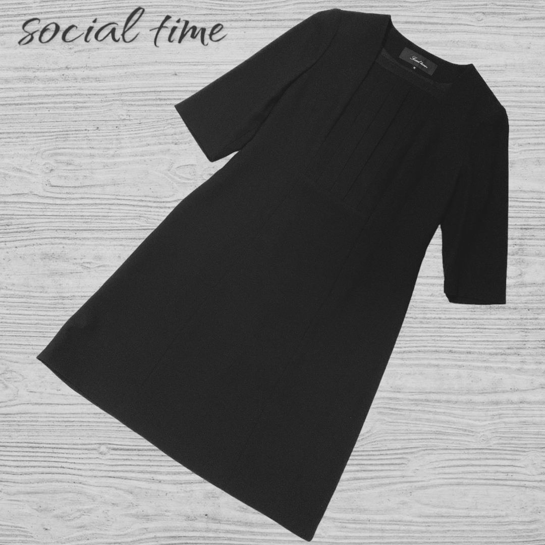 ソーシャルタイム フォーマル ワンピース ひざ丈 七分袖 11 黒 ブラック  レディースのフォーマル/ドレス(礼服/喪服)の商品写真