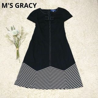 M'S GRACY - 美品✨ エムズグレイシー 裾ボーダー バイカラーワンピース リボン ブラック
