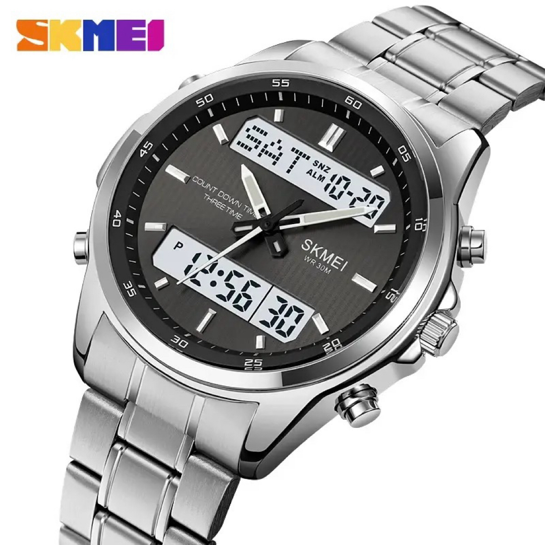 新品 SKMEI デュアルウォッチ メンズ腕時計 ブラック＆シルバー ステンレス メンズの時計(腕時計(デジタル))の商品写真