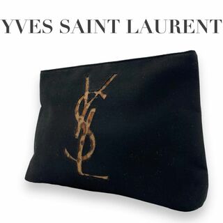 Yves Saint Laurent - 美品　イヴサンローラン　s49 キャンバス　ポーチ　ブラック　レオパード柄　ロゴ