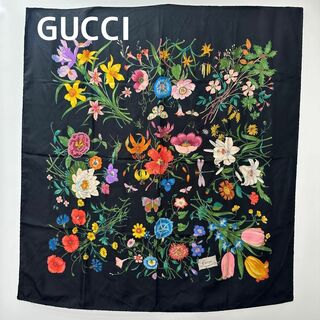 グッチ(Gucci)のGUCCI グッチ シルク100％  蝶  花柄 スカーフ ストール  ブラック(バンダナ/スカーフ)