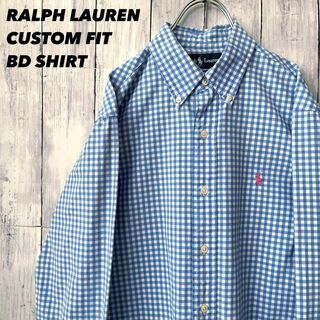 Ralph Lauren - アメリカ古着　ラルフローレン　ポニー刺繍ロゴ　ギンガムチェック柄BDシャツS白青