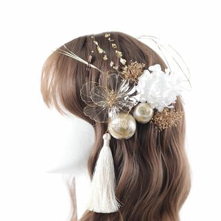 【色:ホワイト1】[NANA手作り]髪飾り 造花 和玉 水引 金箔 成人式髪飾り(その他)