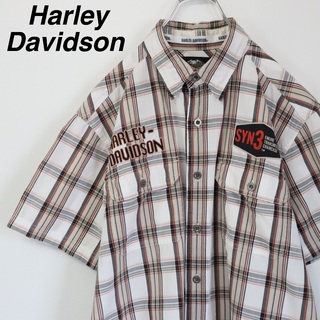 【大人気】ハーレーダビッドソン／チェックシャツ　刺繍ロゴ　SYN3オイル　M