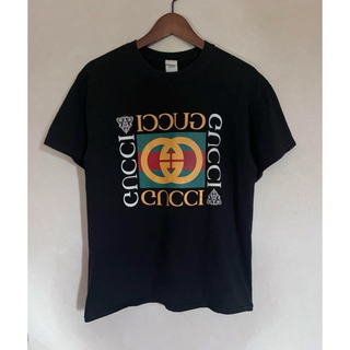 グッチ(Gucci)の美品 GUCCI グッチ ロゴインター ロッキングプリントTシャツ ブラック M(Tシャツ/カットソー(半袖/袖なし))