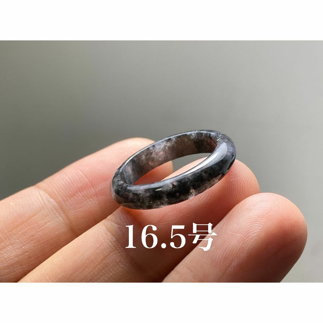 L6-120美品黒翡翠16.5号ミャンマー産天然 A貨 本翡翠 くりぬき リング レディースのアクセサリー(リング(指輪))の商品写真