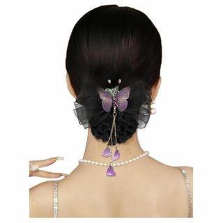 【色:パープル】FASELE ヘアクリップ バレッタ 文芸復古 蝶 レース 刺繡