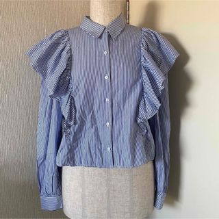 ザラ(ZARA)のZARA zara ザラ 長袖ブラウス カットソーシャツ ストライプ柄青色フリル(シャツ/ブラウス(長袖/七分))