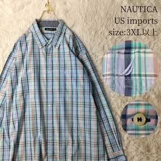 ノーティカ(NAUTICA)のUS輸入古着 ノーティカ 長袖BDシャツ チェック柄 ライトブルー 3XL以上(シャツ)