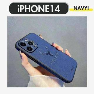 iPhone14ケース 大人 カバー レザー 鹿 耐衝撃 韓国 ネイビー 青(iPhoneケース)