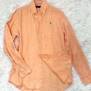 POLO RALPH LAUREN - 【美品 リネン100 L】ポロラルフローレン 長袖 シャツ BD サーモンピンク