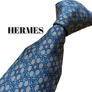 エルメス(Hermes)の★HERMES★　エルメス　ブルー×グレー系　総柄　フランス製(ネクタイ)