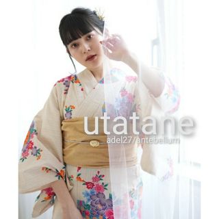 ウタタネ(utatane)の新品utatane高級変わり織先染め浴衣2点セット浴衣/帯花扇子柄古典柄からし色(浴衣)