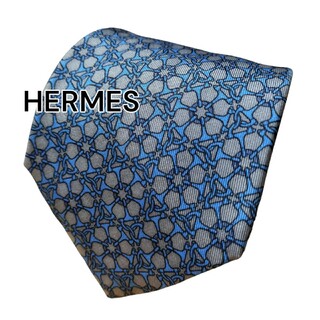 エルメス(Hermes)の【HERMES】　エルメス　ブルー×グレー系　総柄　フランス製(ネクタイ)