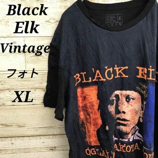 【k4460】USA古着ブラックエルクフォトプリント半袖Tシャツ人物ビッグXL(Tシャツ/カットソー(半袖/袖なし))