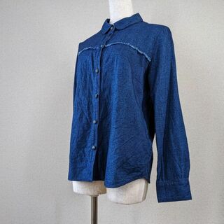 【ホコモモラ】シャツ　長袖　トップス　ブルー　フリンジ　42　XL　大きいサイズ