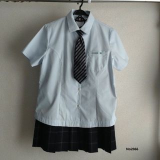 ブラウスチェックスカートネクタイ上下3点セットL大きいサイズ夏物女子青制服(その他)