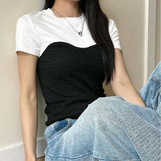 シーイン(SHEIN)のSHEIN★カラーブロックステッチTシャツ Sサイズ(Tシャツ/カットソー(半袖/袖なし))