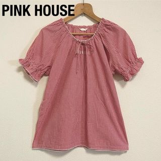 PINK HOUSE - 美品　ピンクハウス　ギンガムチェック　パフスリーブ　リボン　ローンブラウス　赤白