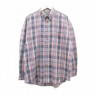 XL★古着 長袖 シャツ メンズ 90年代 90s ワンポイントロゴ ボタンダウン 紺他 ネイビー チェック 24may20 中古 トップス(シャツ)