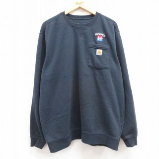 XL★古着 カーハート Carhartt 長袖 スウェット メンズ HUGHES 胸ポケット 大きいサイズ クルーネック 紺 ネイビー 24may20 中古 スエット トレーナー トップス