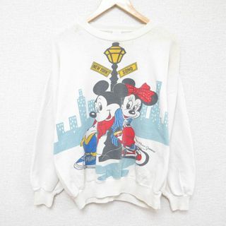 ディズニー(Disney)のXL★古着 長袖 スウェット メンズ 90年代 90s ディズニー DISNEY ミッキー MICKEY MOUSE ミニー 大きいサイズ クルーネック 白 ホワイト 24may20 中古 スエット トレーナー トップス(パーカー)